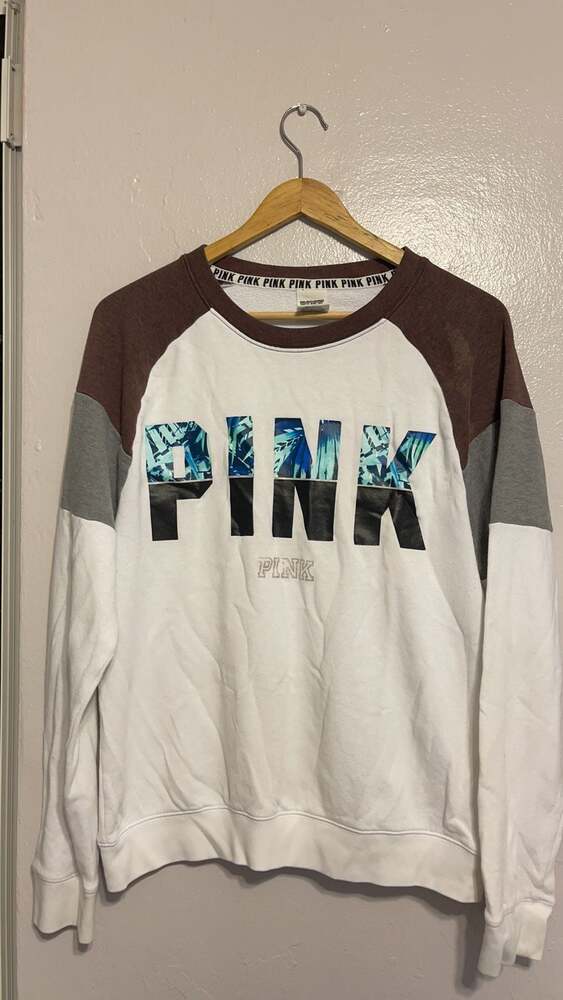 PINK by Victoria's Secret Tropical Logo Raglan Sweatshirt, White/Brown/Gray